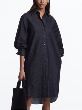 COS Navy Denim Cotton Blend Long Sleeve Relaxed Fit Midi Shirt Dress Size 10